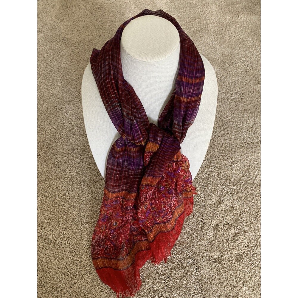 Jean Patou Red Purple Orange Floral And Stripe Silk Scarf